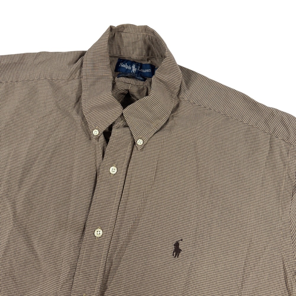 Ralph Lauren Blake Brown Micro Check Short Sleeve Cotton Shirt Men's L Luxury